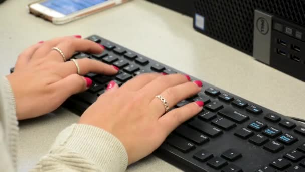 Close Womans Hands While Typing Computer Keyboard Wearing Sweater — Stok video