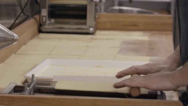 Skilled Pasta Chef Rolls Out Pasta Noodles Hand Kitchen High — Vídeo de Stock