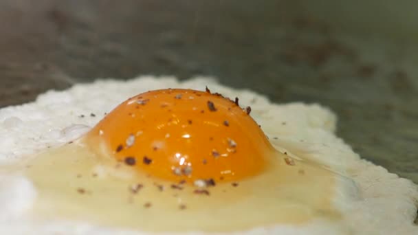 Macro Close Egg Sunny Side Being Seasoned Pepper While Still — Αρχείο Βίντεο