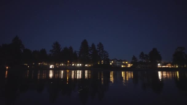 Warm House Light Reflections Wet Sand Starry Night Tofino Canada — Stockvideo