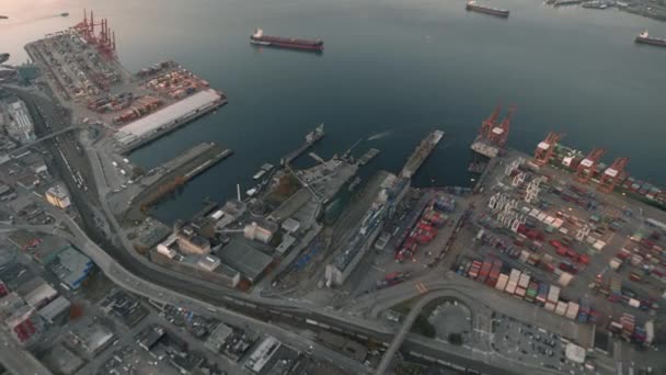 Aerial Wide Shot Vancouver Docks Dusk — Vídeo de Stock