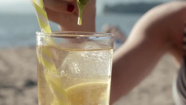 Close Hand Decorating Drink Fresh Mint Herb Being Taken Sunny — Vídeo de Stock