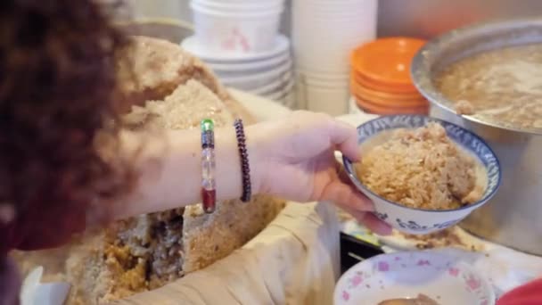 Slow Motion Close Shot Woman Hands Preparing Rice Boiled Egg — Video