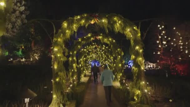 Wide Steadicam Shot Walkway Decorated Christmas Lights Arches Night — Stock Video