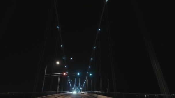 Wide Low Angle Shot Lions Gate Bridge Suspension Ropes Night — 图库视频影像