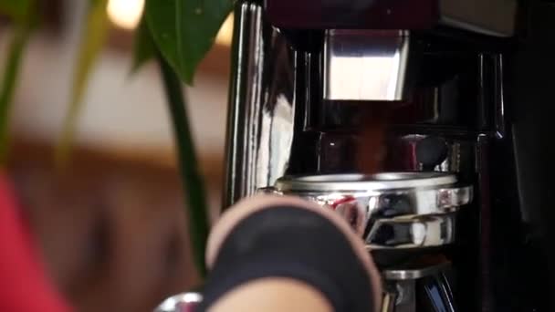 Close Barista Using Coffee Grind Measure Out Fresh Ground Coffee — Stock Video