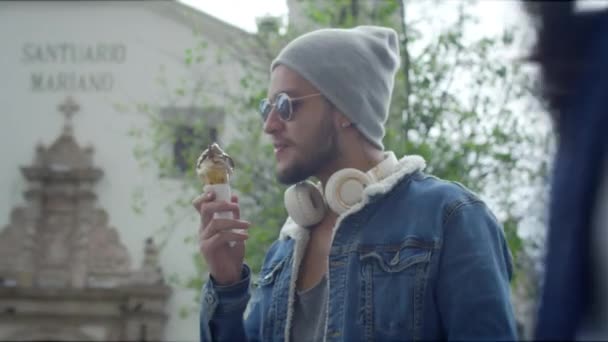 Handsome Guy Eating Ice Cream Street — Stock Video