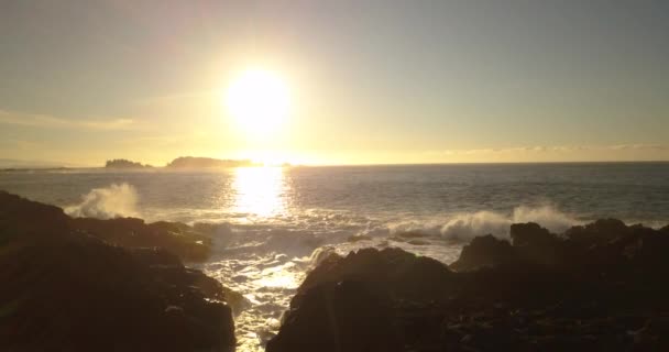 Sunny Calm Ocean Waves Splashing Rocky Shore Ucluelet Wide Dolly — Stockvideo