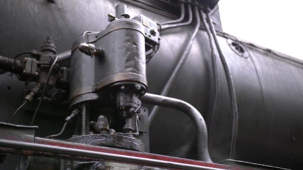 Detail Shot Steam Train Engine Smoke Black Train Composition Waiting — Stockvideo