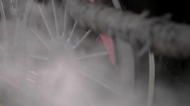 Closeup Steam Train Wheels Lots Steam Coming Shot — Stock videók