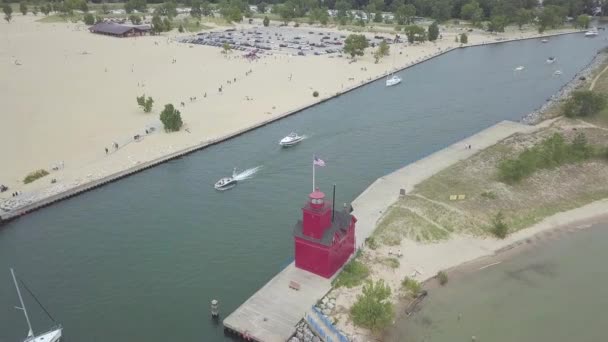 Aerial View Holland Harbour Light Big Red Lighthouse Surrounding Area — Stock Video