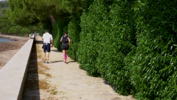 Corridore Donna Raggiunge Uomo Che Parla Telefono Una Passeggiata Con — Video Stock