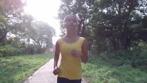 Young Asian Girl Jogging Running Road Forest Morning Sunrise Slow — Video Stock