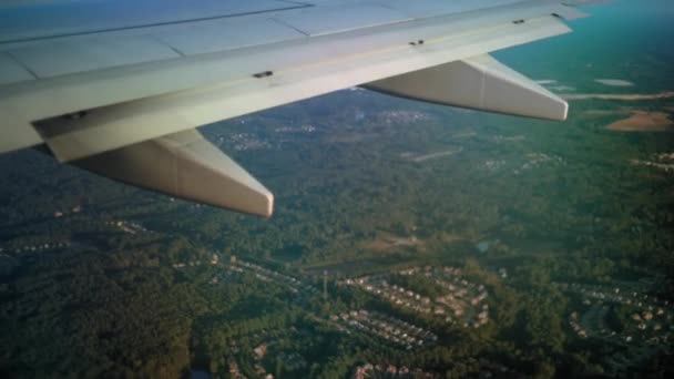 View Ariplane Wing Flies Forested Area — Stock Video