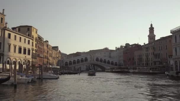 아침에 비치는 리알토 곤돌라 건물들의 이탈리아 베네치아 — 비디오