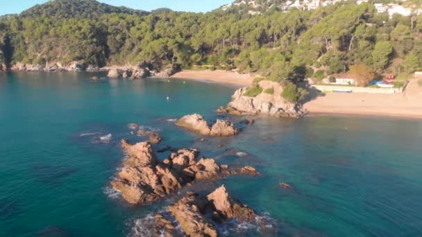 Costa Brava Beach Aerial Drone Paradise Turquoise Green Lloret Mar — Stock Video