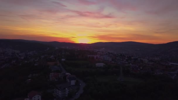 Sunset Red Skyline Cluj Romania Transylvania Aerial Drone European Valley — 图库视频影像