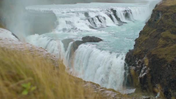 Slow Motion High Angle View Gullfoss Waterfall Iceland Fall — Stockvideo