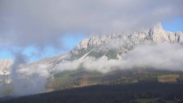Foggy Morning Austrian Alps Huge Mountain Background Tyrol — Stockvideo