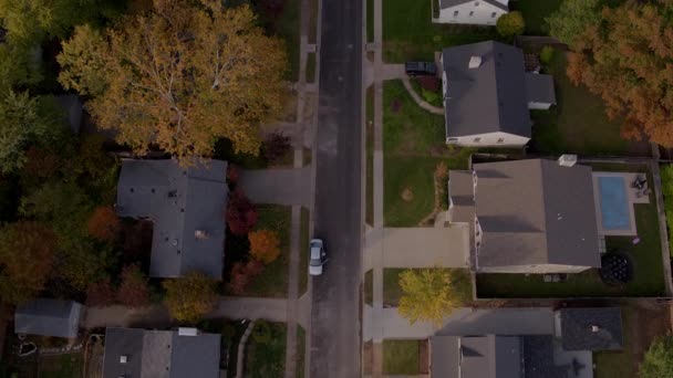 Overhead Flyover Suburban Street Houses Autumn — стоковое видео