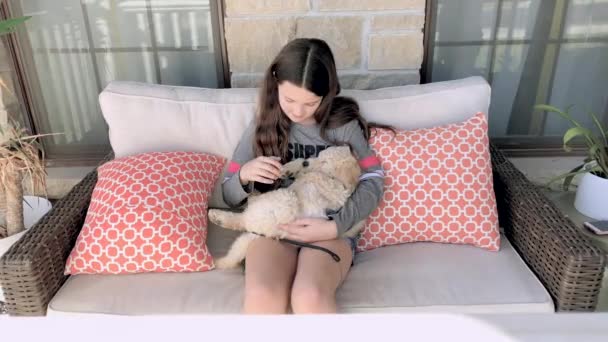 Uma Menina Bonito Berços Animais Estimação Rabinho Dourado Dormindo Seu — Vídeo de Stock