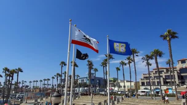 Nagranie Stanu Kalifornia Flaga Mia Pow Flaga Huntington Beach City — Wideo stockowe