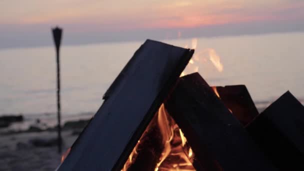 Bonfire Bij Het Strand Bij Zonsondergang Azië Ultra Slow Motion — Stockvideo