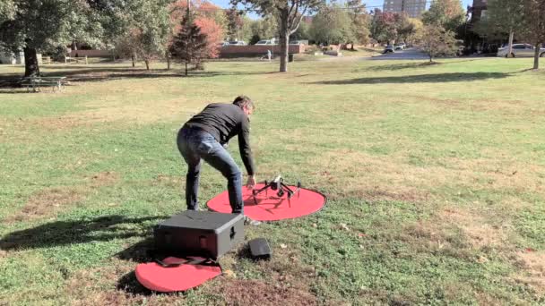 Drone Pilot Turns His Drone Prepares Takeoff — Stock Video