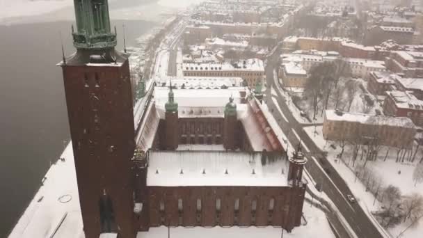 向上倾斜揭示了美丽的斯德哥尔摩城市 并展望了市政厅 — 图库视频影像