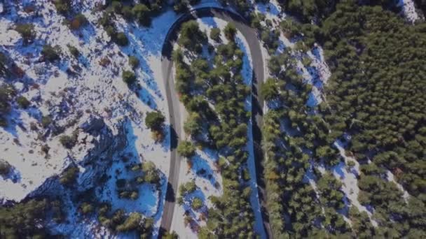 Aerial View Cruved Road Snowed Moutain — Stock Video