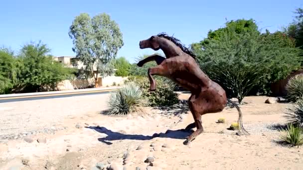 Escultura Grande Cavalo Metal Patas Traseiras Carro Passa Rua Atrás — Vídeo de Stock