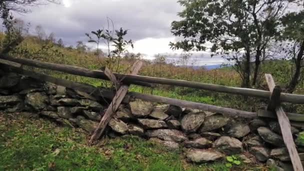 Rustic Wood Fence Dry Stacked Stone Wall Field Tall Grass — Stock video