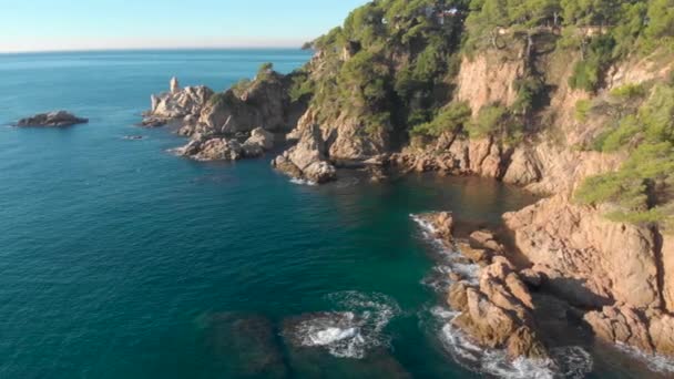 Scatti Aerei Spiaggia Europa Roccia Turchese Sabbia Vegetazione Acqua Trasparente — Video Stock