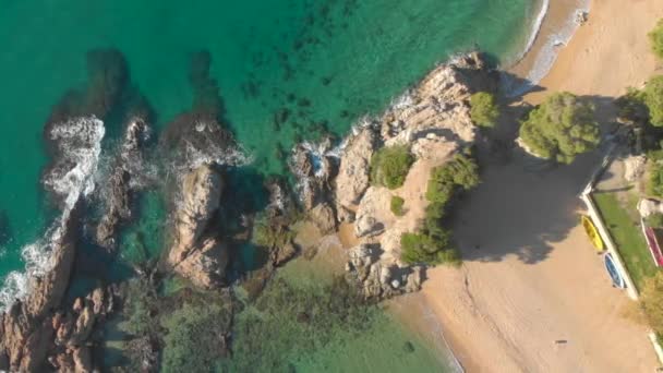 Tiros Aéreos Playa Europa Roca Agua Turquesa Arena Vegetación Agua — Vídeo de stock