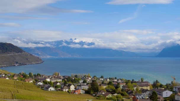 Cully Zwitserland Lake Lman Een Koude Herfstdag Besneeuwde Bergtoppen Achtergrond — Stockvideo