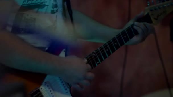 Slow Motion Shot Guitar Player Concert Closeup Musician Strumming Guitar — Video Stock