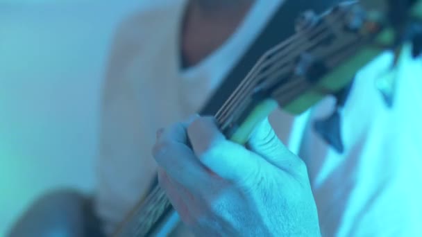 Closeup Bass Player Hands Concert Smart Dressed Musician Playing Instrument — Videoclip de stoc