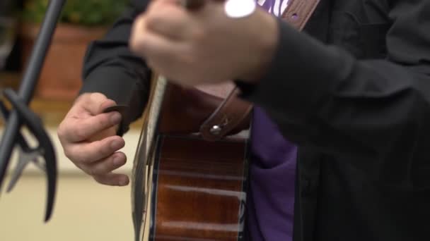 Musician Playing Acoustic Guitar Wedding Reception Closeup White Man Strumming — ストック動画