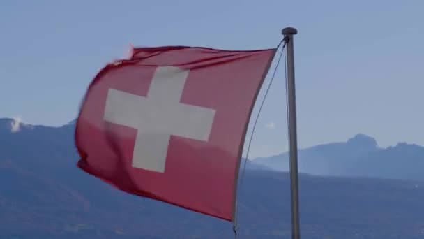 Swiss Flag Close Very Windy Day Alps Background — Stock Video