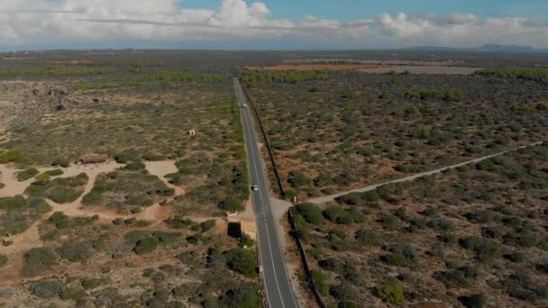 无人机镜头在路上飞驰 汽车在路上行驶 平坦的地面上覆盖着沙子 石头和灌木丛 以4K的速度实时拍摄 — 图库视频影像