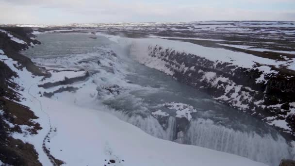 Static Slow Motion Wide Shot Gullfoss Waterfalls Cloudy Snowy Autumn — Stock video