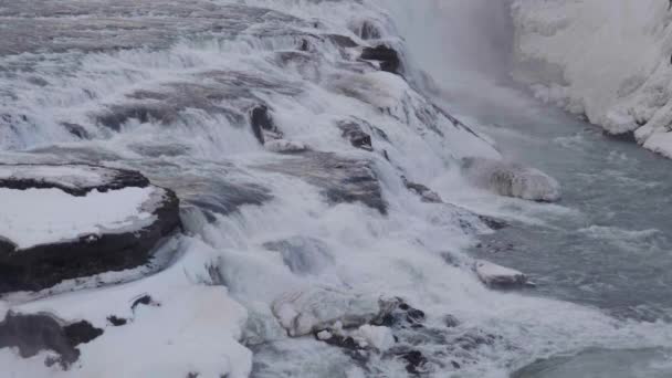 Estático Câmera Lenta Tiro Médio Cachoeiras Gullfoss Dia Nublado Costa — Vídeo de Stock