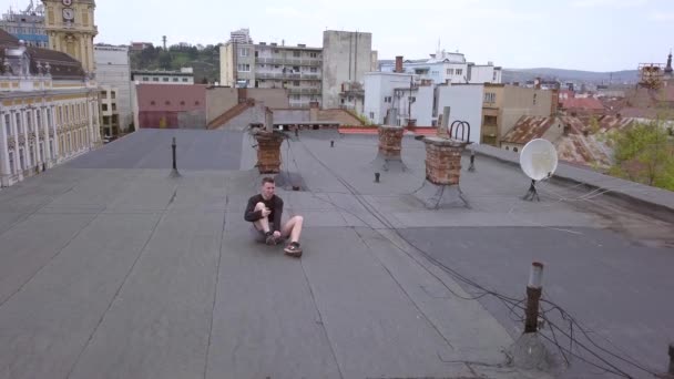 Drone Tracking Shot Young Adult Male Millennial Parkour Runner Tying — Stock Video