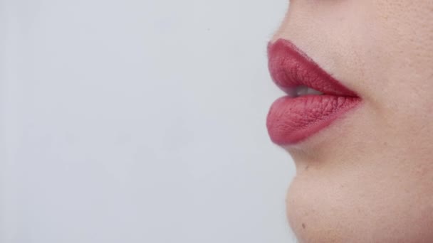 Vedere Profil Buzelor Unei Femei Frumoase Timp Fumează Țigară — Videoclip de stoc
