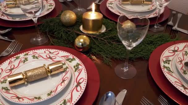 Gold Burning Candle Decorated Christmas Dining Table — Stock Video