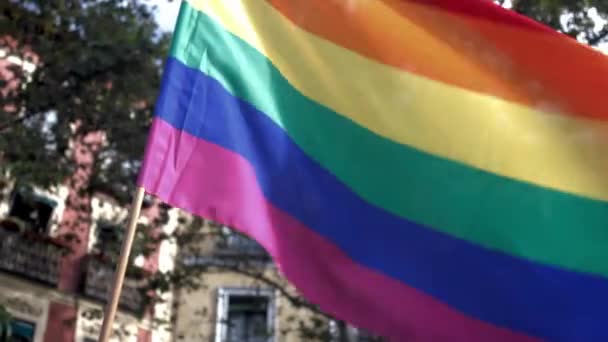 Rainbow Flag Waving Wind Seen Madrid — Vídeos de Stock