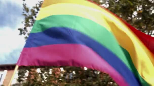 Rainbow Flag Waving Wind Seen Madrid — Vídeos de Stock