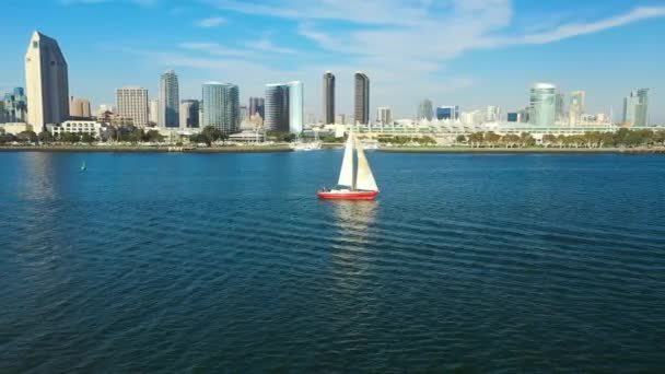 Red Sailboat San Diego Bay View San Diego Skyline — ストック動画