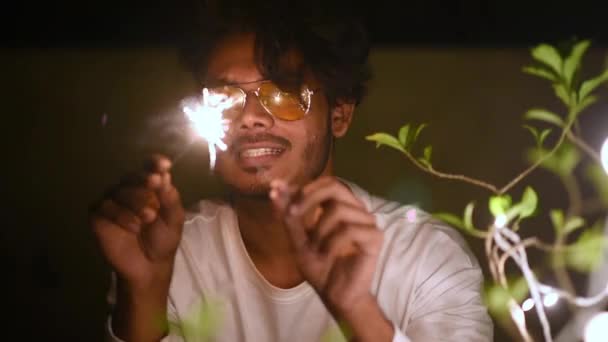 Funny Young Boy Plays Fireworks Sparklers Ends Slow Motion — Stock Video