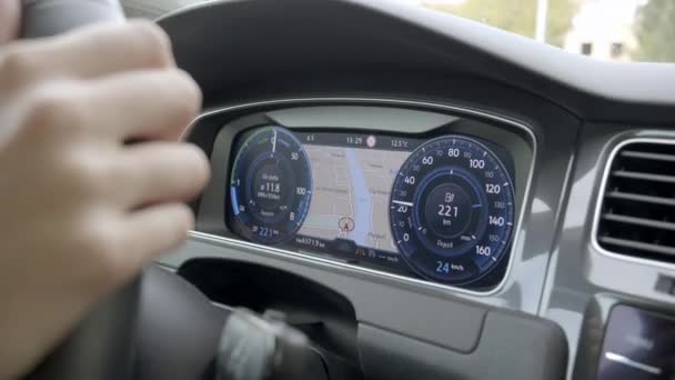 Woman Driving Electric Car Interior Dashboard Close Shot — 비디오